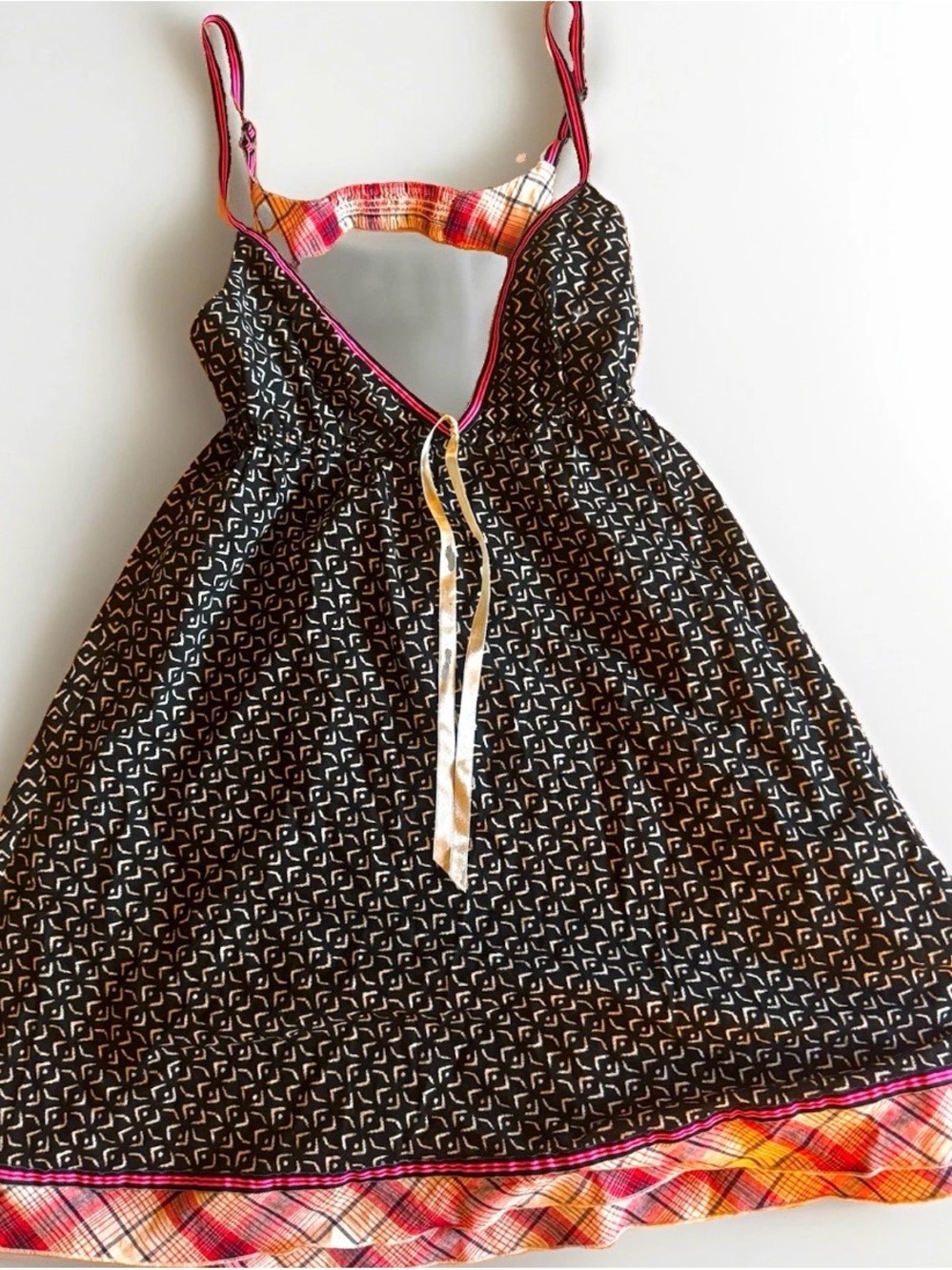 Y2K Free People Black Patterned Sundress with Pink Trim and Multicolor Hem